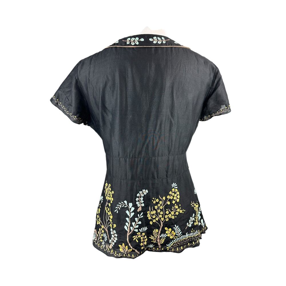Sundance Embroidered Blouse Floral Deep V-Neck Button Peasant Top Black Size 16 - Picture 9 of 10